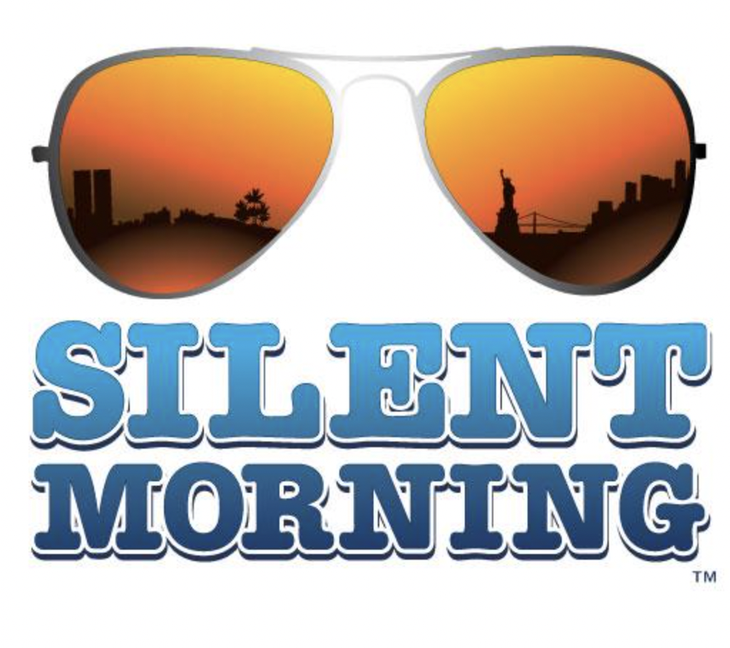 Band logo of silent morning. Sunglasses on top of silent morning text.